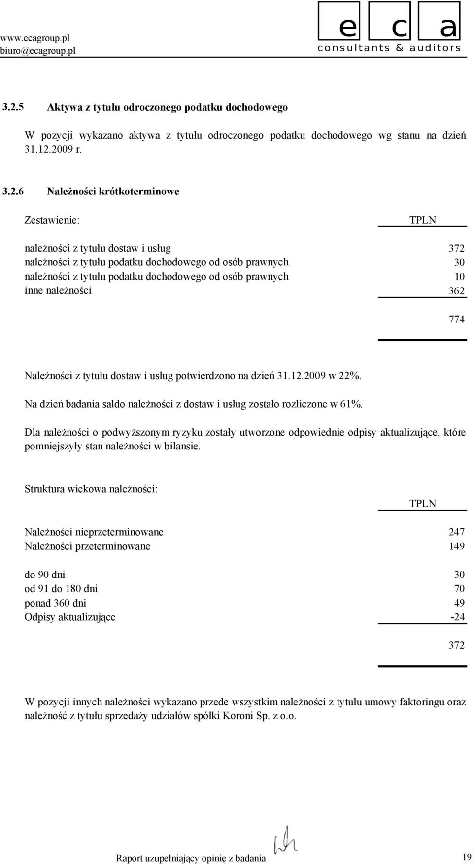 tytułu dostaw i usług potwierdzono na dzień 31.12.2009 w 22. Na dzień badania saldo naleŝności z dostaw i usług zostało rozliczone w 61.