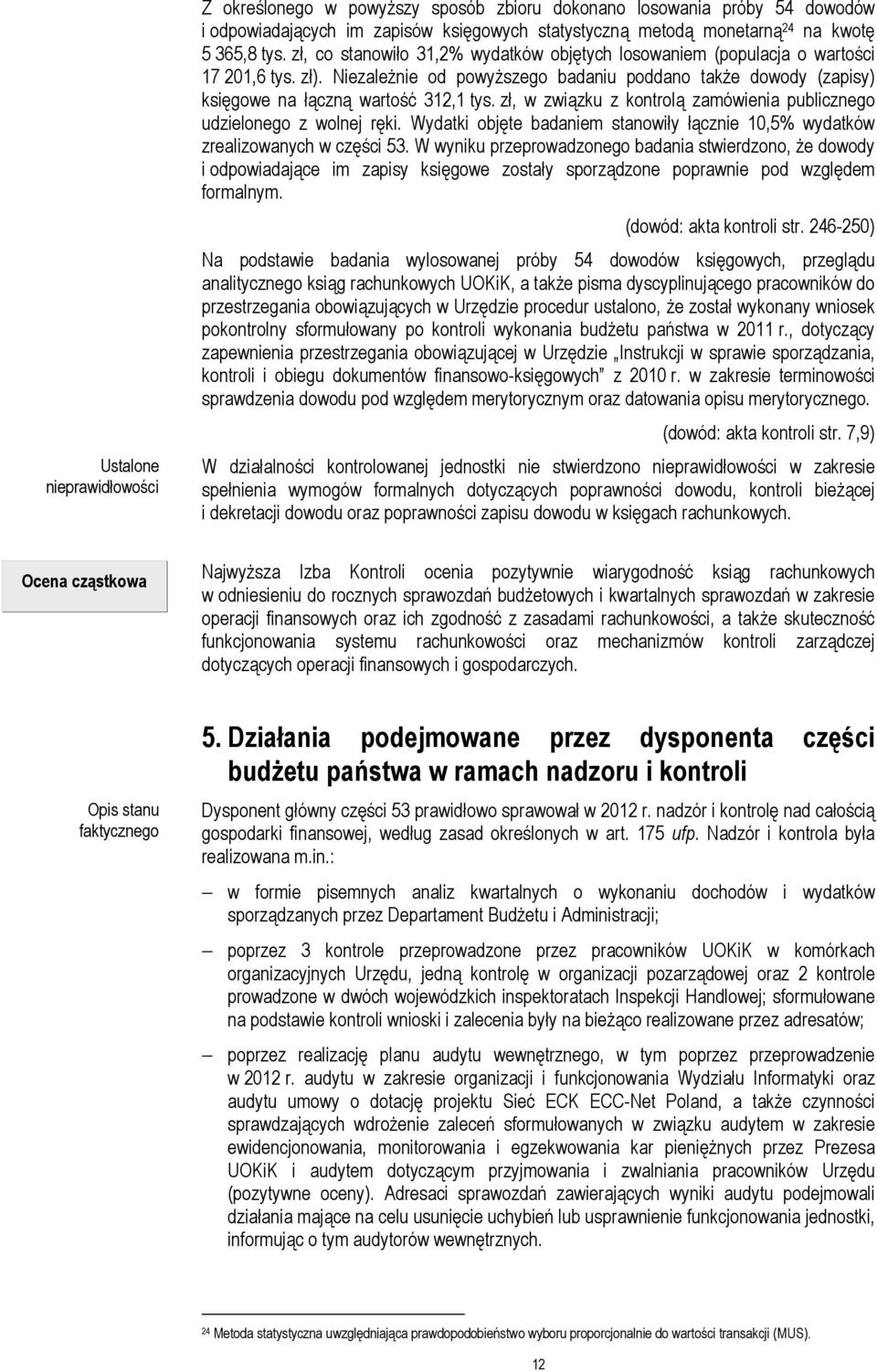 zł, w związku z kontrolą zamówienia publicznego udzielonego z wolnej ręki. Wydatki objęte badaniem stanowiły łącznie 10,5% wydatków zrealizowanych w części 53.