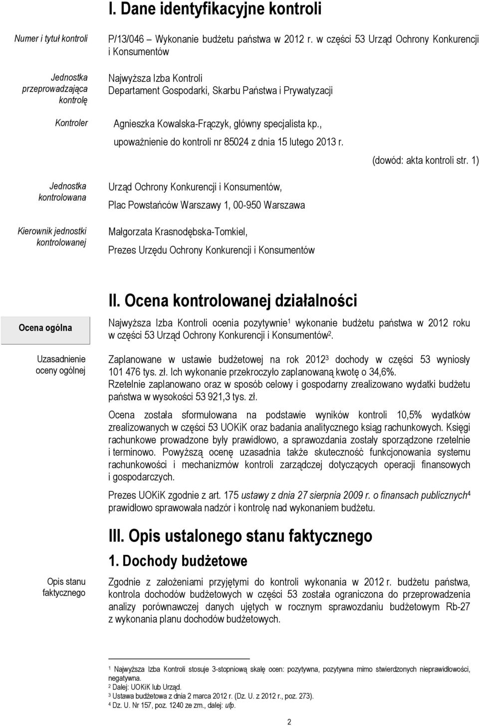 Agnieszka Kowalska-Frączyk, główny specjalista kp., upoważnienie do kontroli nr 85024 z dnia 15 lutego 2013 r.