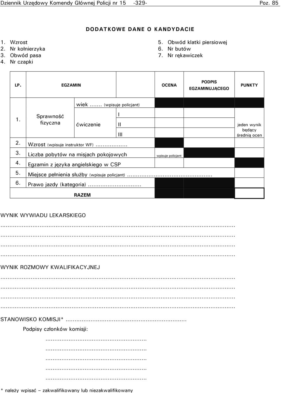 .. 3. Liczba pobytów na misjach pokojowych wpisuje policjant 4. Egzamin z języka angielskiego w CSP 5. Miejsce pełnienia służby (wpisuje policjant)... 6. Prawo jazdy (kategoria).