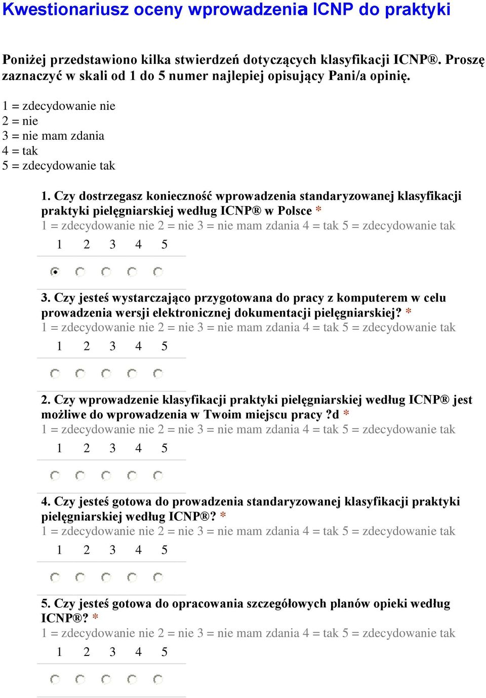 Czy dstrzegasz kniecznść wprwadzenia standaryzwanej klasyfikacji praktyki pielęgniarskiej według ICNP w Plsce * 1 = zdecydwanie nie 2 = nie 3 = nie mam zdania 4 = tak 5 = zdecydwanie tak 3.