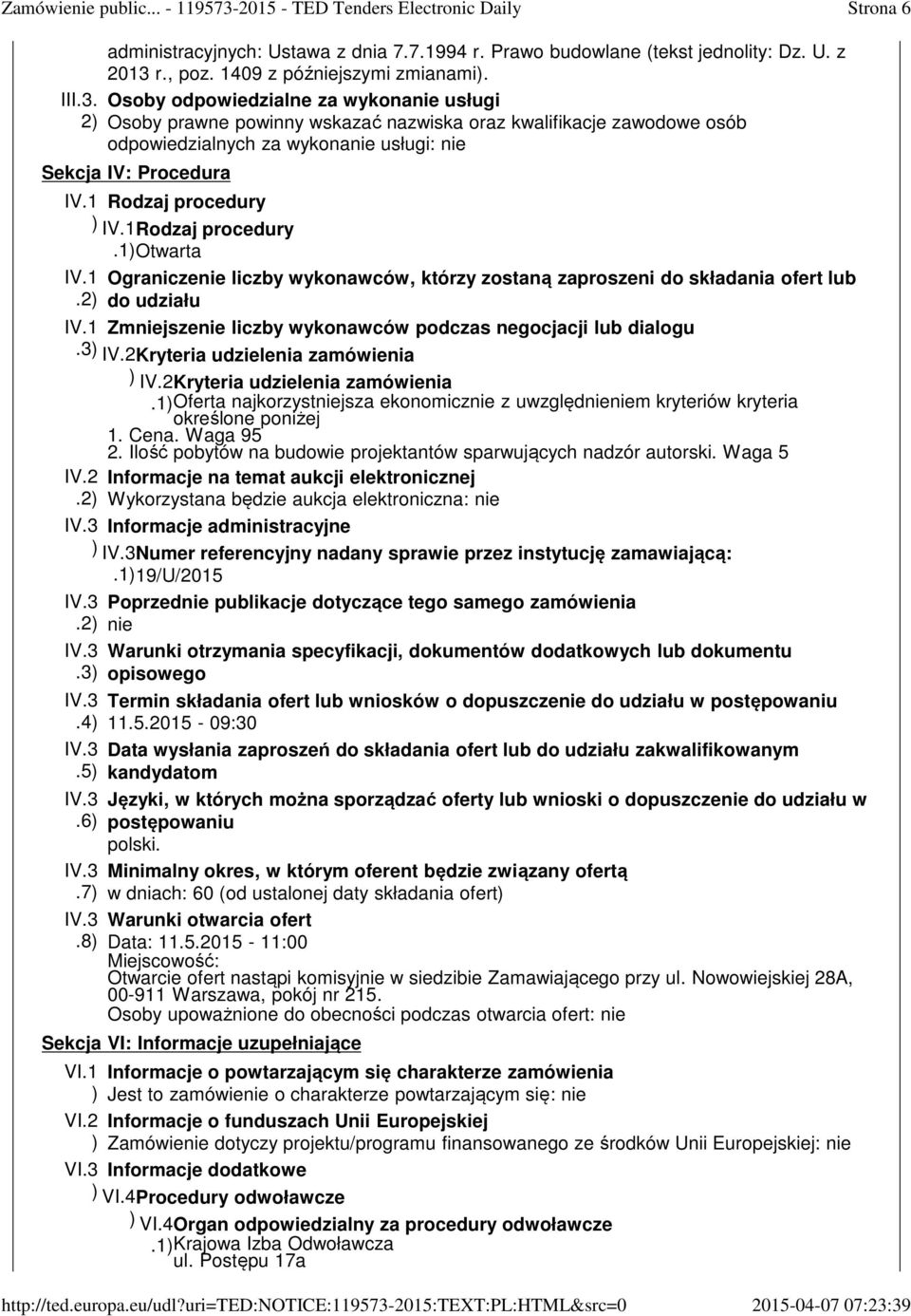5.6.7.8 Rodzaj procedury IV.1Rodzaj procedury.