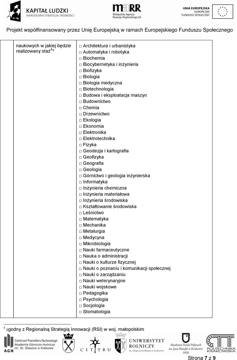 Informatyka Inżynieria chemiczna Inżynieria materiałowa Inżynieria środowiska Kształtowanie środowiska Leśnictwo Matematyka Mechanika Metalurgia Medycyna Mikrobiologia Nauki farmaceutyczne Nauka o