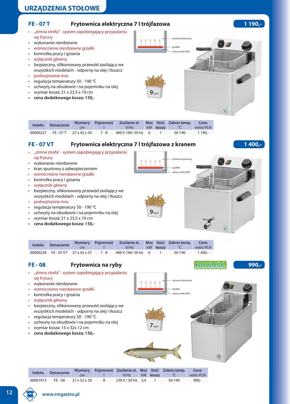 olej wymiar kosza: 21 x 23,5 x 10 cena dodatkowego kosza: 150,- 9 /h komora frytownicy grzałka zimna strefa 90ºC Pojemność Ilość Zakres temp.