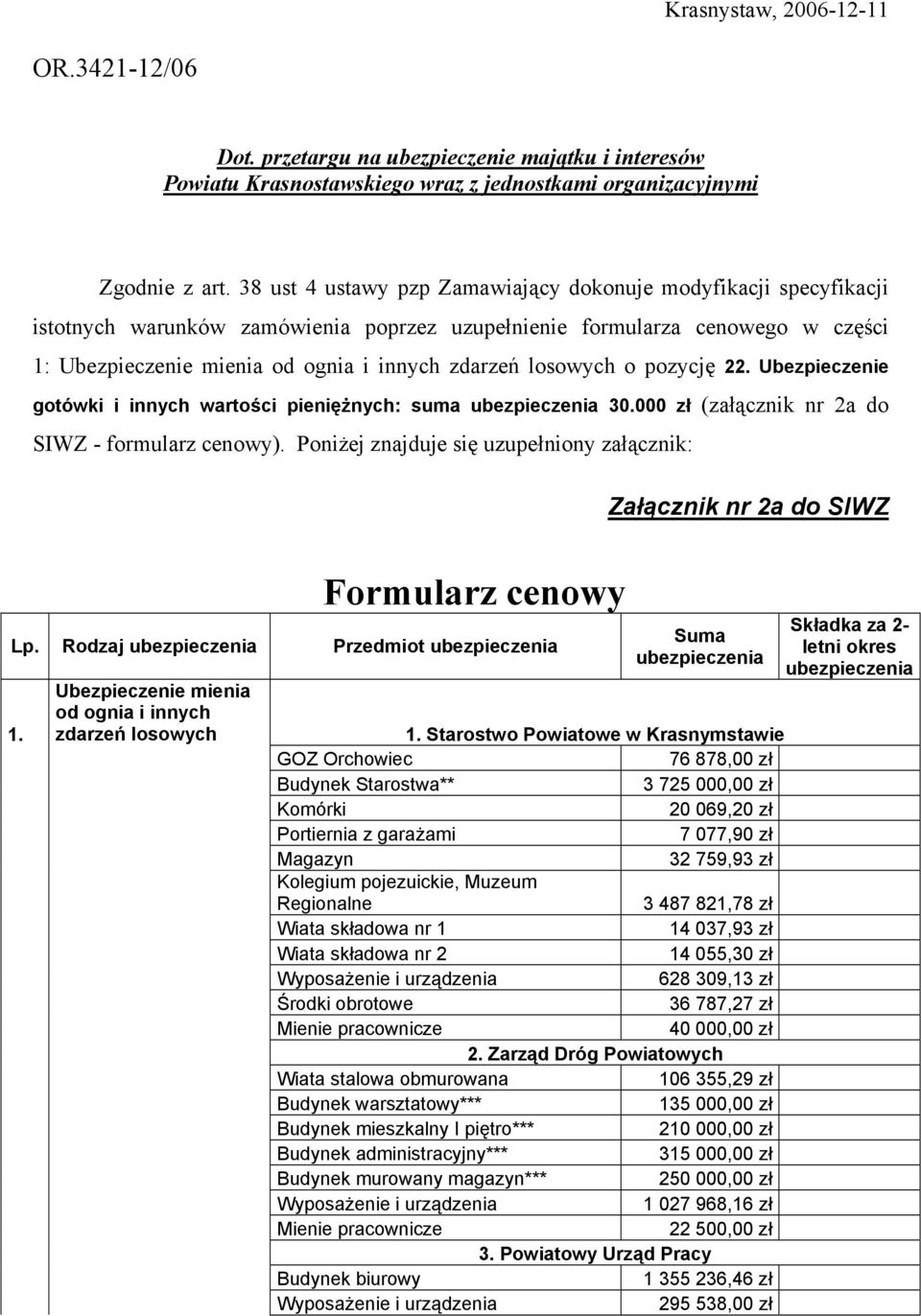 losowych o pozycję 22. Ubezpieczenie gotówki i innych wartości pieniężnych: suma ubezpieczenia 30.000 zł (załącznik nr 2a do SIWZ - formularz cenowy).