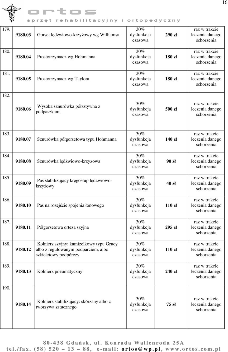 9180.11 Półgorsetowa orteza szyjna 295 zł 188. 9180.12 Kołnierz szyjny: kamizelkowy typu Grucy albo z regulowanym podparciem, albo szkieletowy podpórczy 110 zł 189. 9180.13 Kołnierz pneumatyczny 240 zł 190.