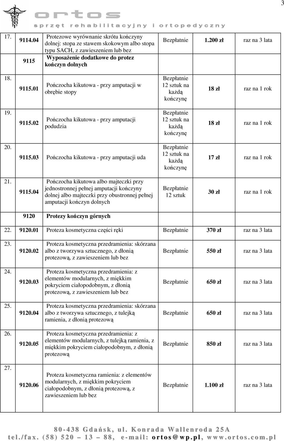 9115.03 Pończocha kikutowa - przy amputacji uda 12 sztuk na kaŝdą kończynę 17 zł raz na 1 rok 21. 9115.