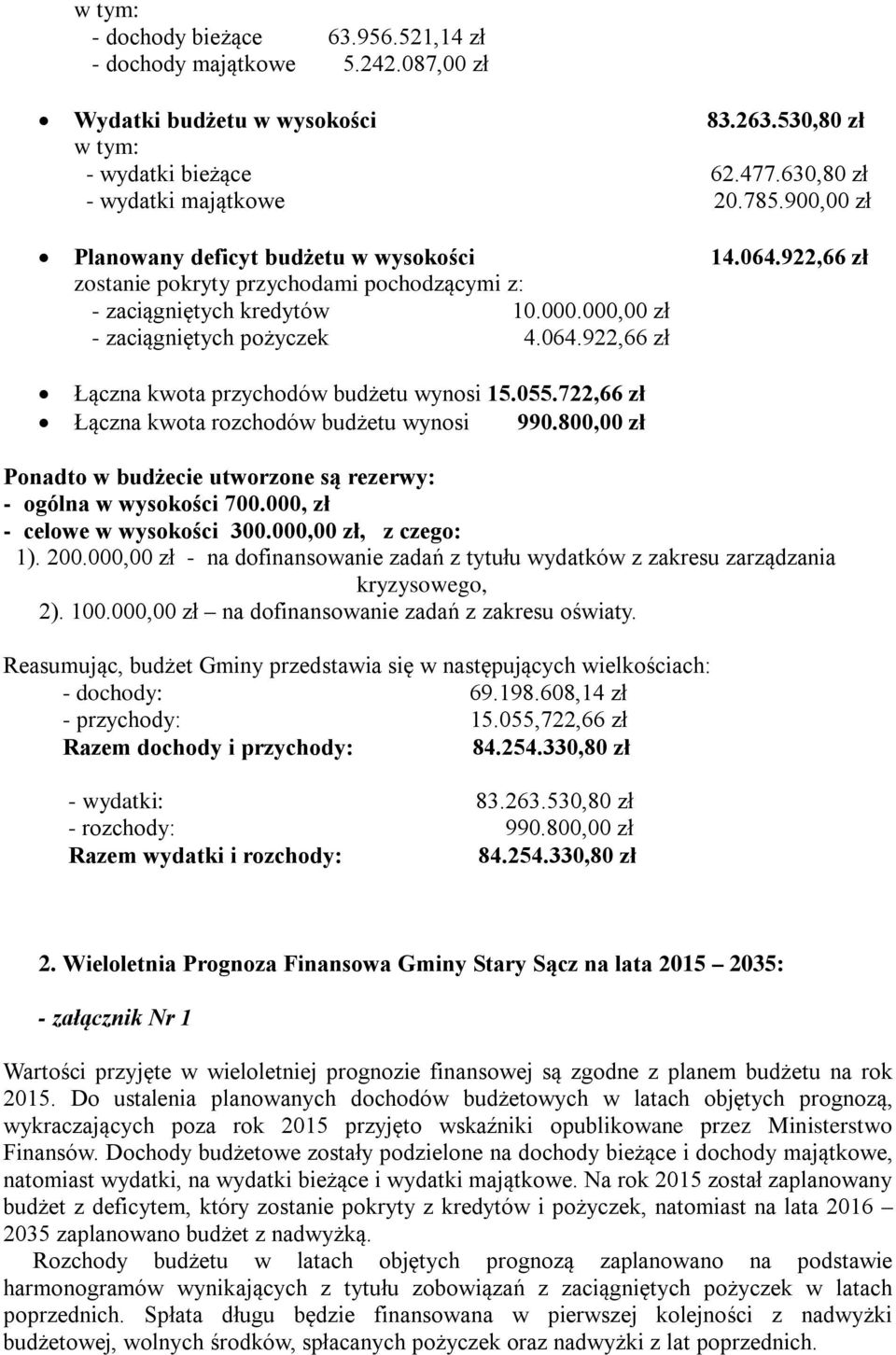 055.722,66 zł Łączna kwota rozchodów budżetu wynosi 990.800,00 zł Ponadto w budżecie utworzone są rezerwy: - ogólna w wysokości 700.000, zł - celowe w wysokości 300.000,00 zł, z czego: 1). 200.