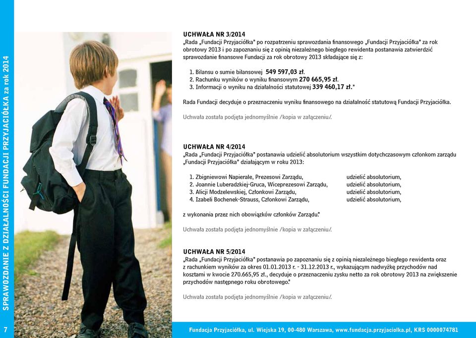 Informacji o wyniku na działalności statutowej 339 460,17 zł. Rada Fundacji decyduje o przeznaczeniu wyniku finansowego na działalność statutową Fundacji Przyjaciółka.
