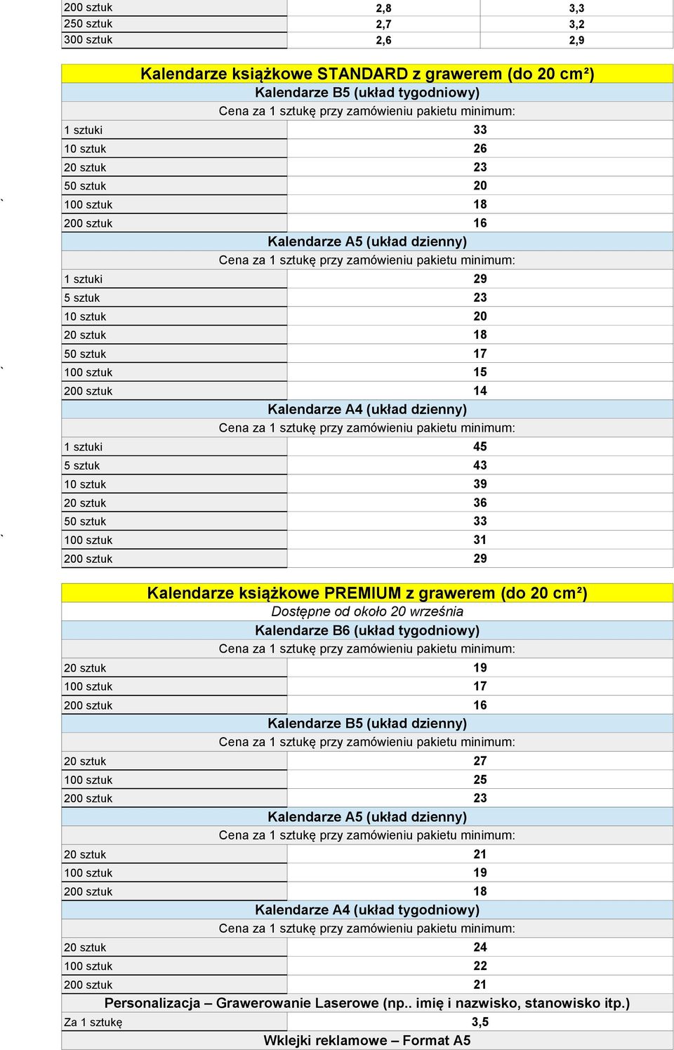 20 sztuk 36 50 sztuk 33 ` 100 sztuk 31 200 sztuk 29 Kalendarze książkowe PREMIUM z grawerem (do 20 cm²) Dostępne od około 20 września Kalendarze B6 (układ tygodniowy) 20 sztuk 19 100 sztuk 17 200