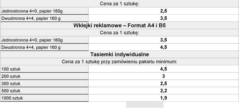 Jednostronna 4+0, papier 160g 3,5 Dwustronna 4+4, papier 160 g 4,5