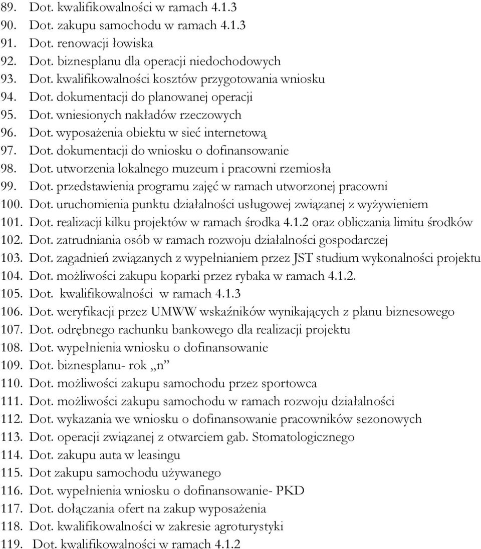 Dot. przedstawienia programu zajęć w ramach utworzonej pracowni 100. Dot. uruchomienia punktu działalności usługowej związanej z wyżywieniem 101. Dot. realizacji kilku projektów w ramach środka 4.1.2 oraz obliczania limitu środków 102.
