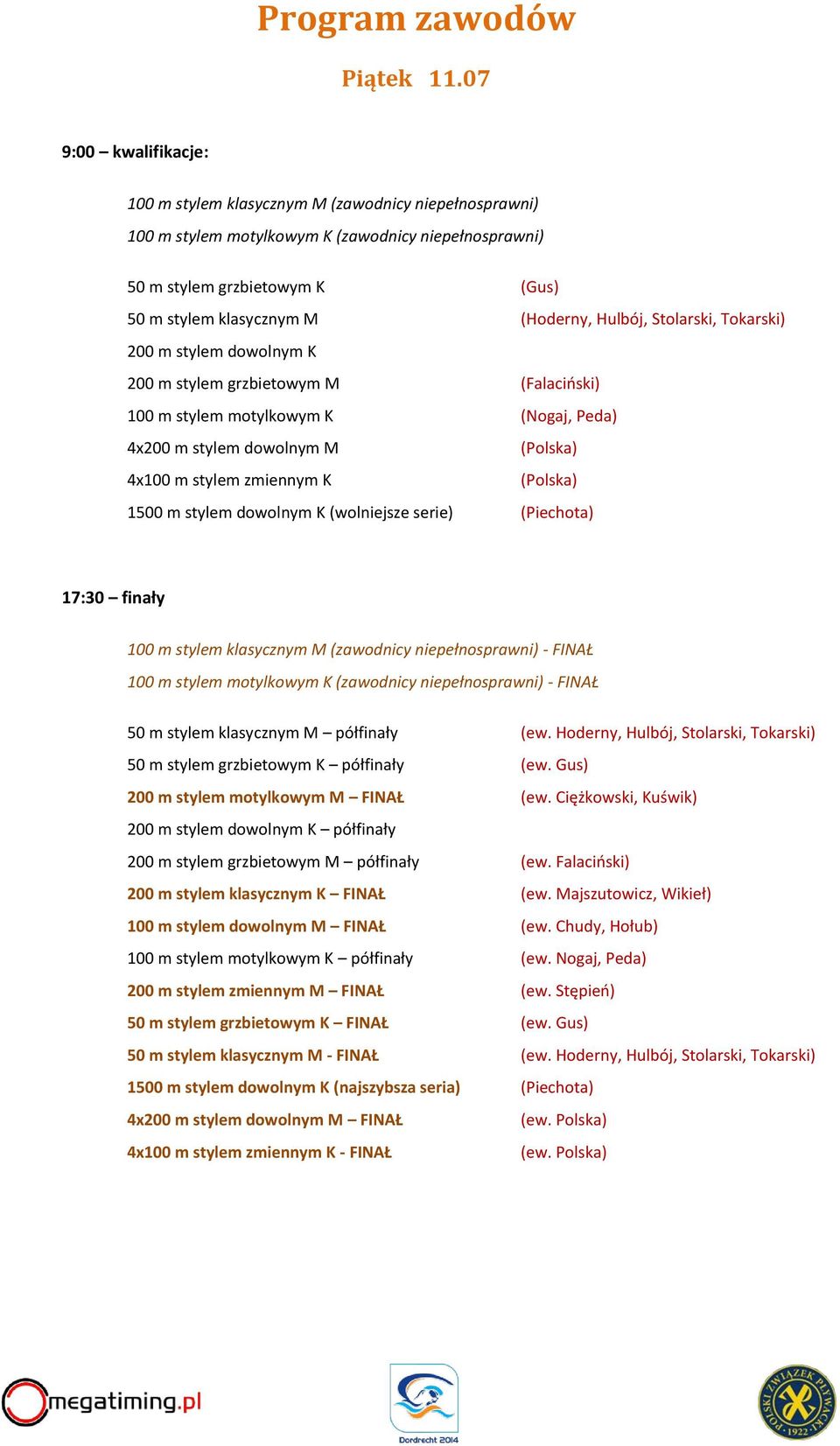 Hulbój, Stolarski, Tokarski) 200 m stylem dowolnym K 200 m stylem grzbietowym M (Falaciński) 100 m stylem motylkowym K (Nogaj, Peda) 4x200 m stylem dowolnym M (Polska) 4x100 m stylem zmiennym K