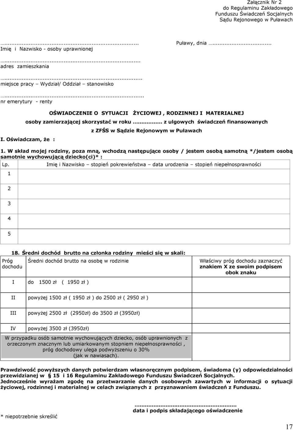 .. z ulgowych świadczeń finansowanych I. Oświadczam, że : z ZFŚS w Sądzie Rejonowym w Puławach 1.