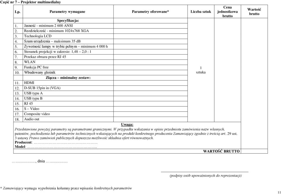 Żywotność lampy w trybie pełnym minimum 4 000 h 6. Stosunek projekcji w zakresie:,48 2,0 : 7.