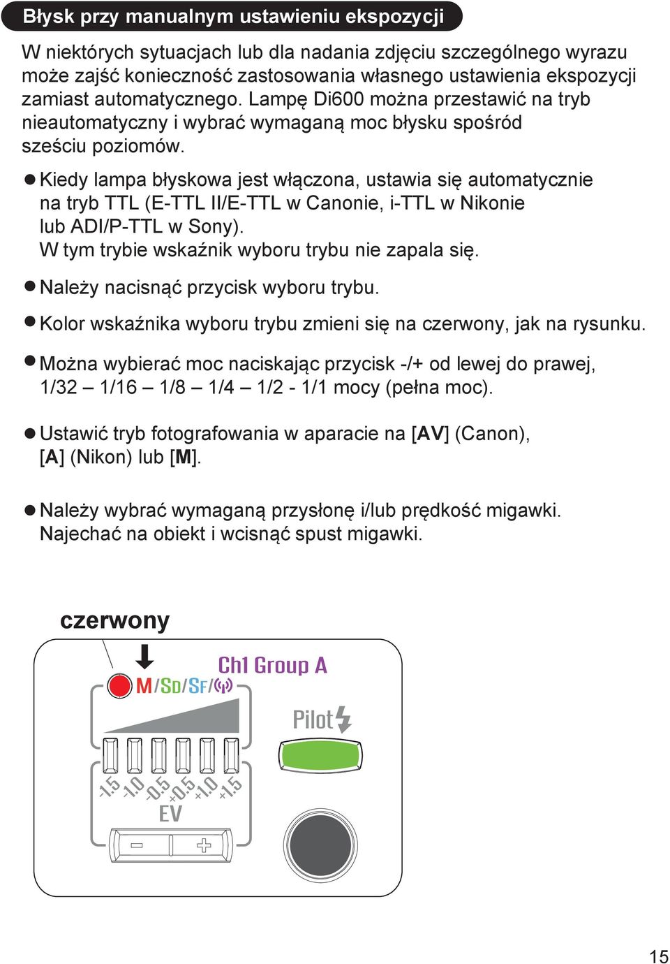 Kiedy lampa błyskowa jest włączona, ustawia się automatycznie na tryb TTL (E-TTL II/E-TTL w Canonie, i-ttl w Nikonie lub ADI/P-TTL w Sony). W tym trybie wskaźnik wyboru trybu nie zapala się.