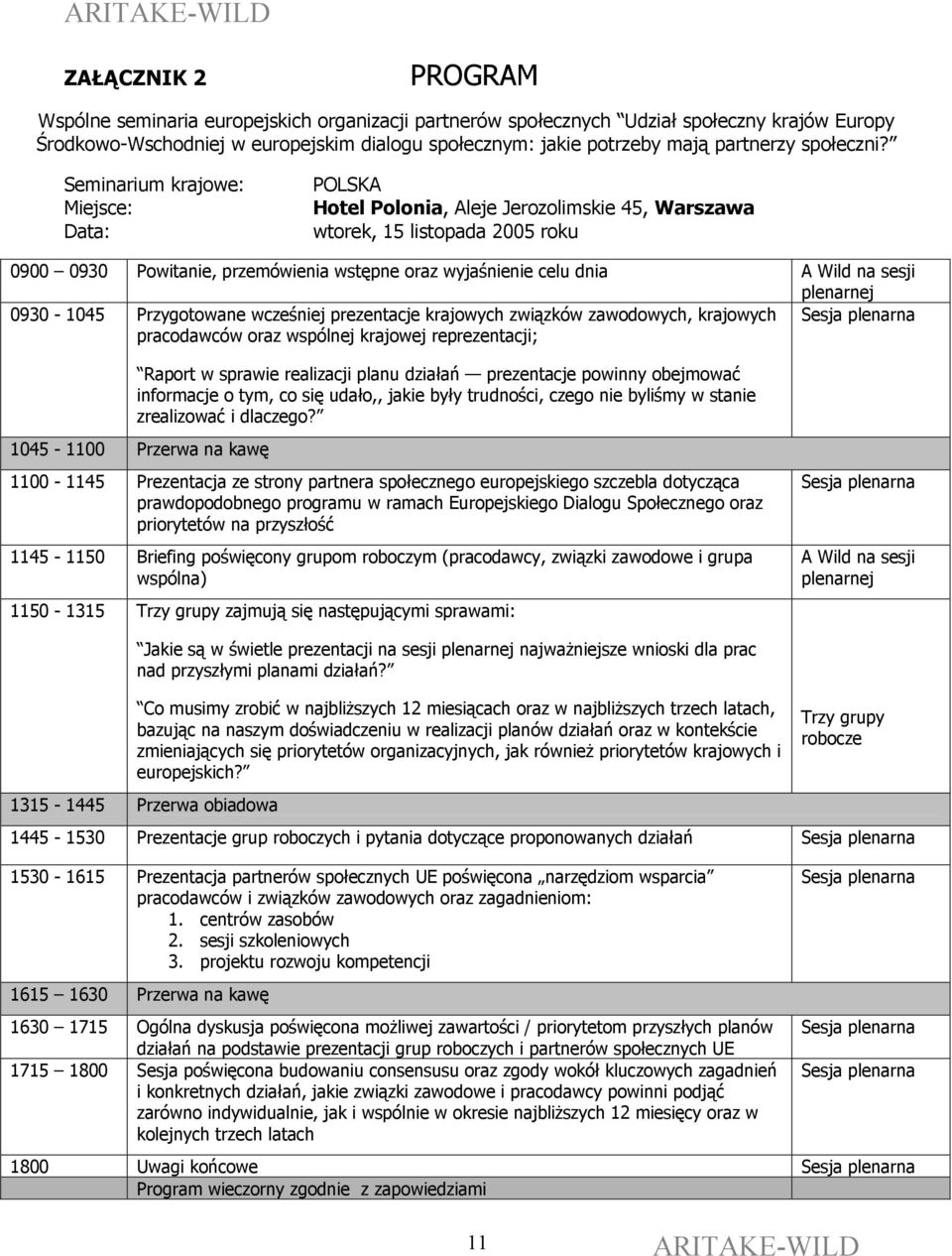 Seminarium krajowe: Miejsce: Data: POLSKA Hotel Polonia, Aleje Jerozolimskie 45, Warszawa wtorek, 15 listopada 2005 roku 0900 0930 Powitanie, przemówienia wstępne oraz wyjaśnienie celu dnia A Wild na