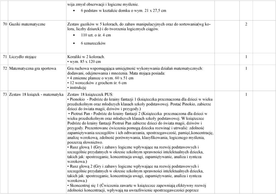 4 cm 6 sznureczków 7 Liczydło stojące Koraliki w kolorach. wym.