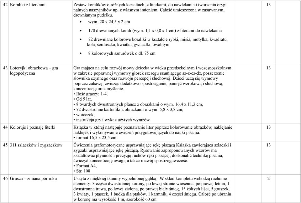 , x 0,8 x cm) z literami do nawlekania 7 drewniane kolorowe koraliki w kształcie rybki, misia, motylka, kwadratu, koła, serduszka, kwiatka, gwiazdki, owalnym 8 kolorowych sznurówek o dł.