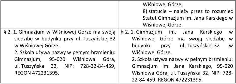 8) statucie należy przez to rozumieć Statut Gimnazjum im. Jana Karskiego w Wiśniowej Górze. 2. 1. Gimnazjum im. Jana Karskiego w Wiśniowej Górze ma swoją siedzibę w budynku przy ul.