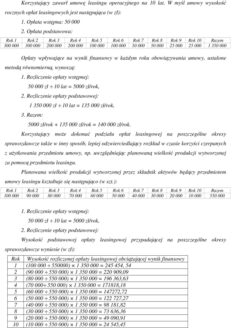 finansowy w kaŝdym roku obowiązywania umowy, ustalone metodą równomierną, wynoszą: 1. Rozliczenie opłaty wstępnej: 50 000 zł 10 lat = 5000 zł/rok, 2.
