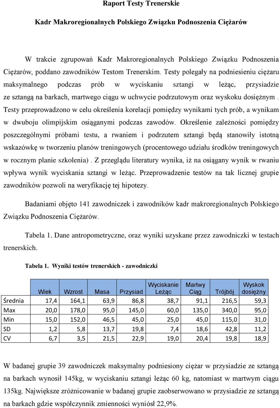 Testy przeprowadzono w celu określenia korelacji pomiędzy wynikami tych prób, a wynikam w dwuboju olimpijskim osiąganymi podczas zawodów.