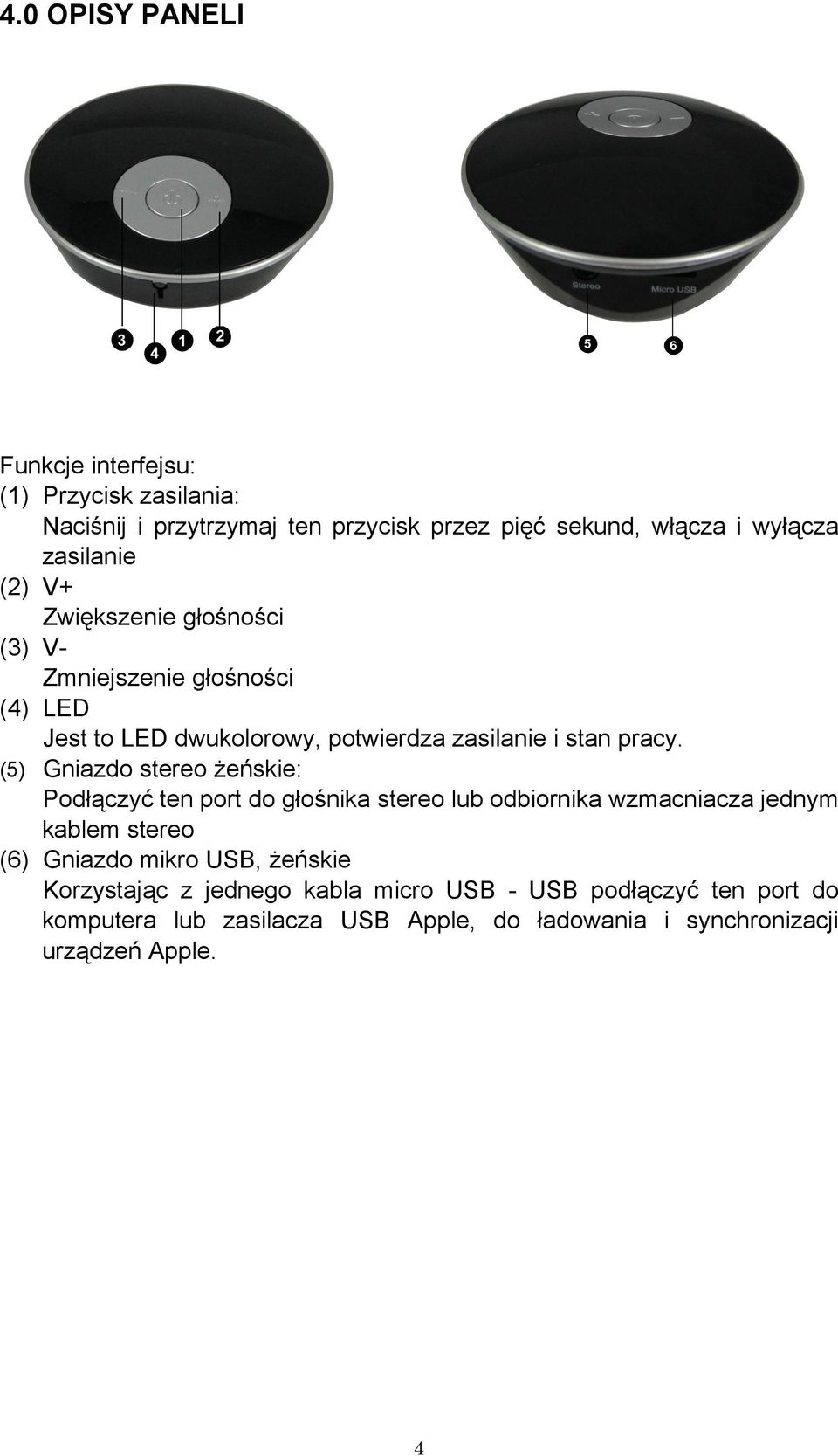 (5) Gniazdo stereo żeńskie: Podłączyć ten port do głośnika stereo lub odbiornika wzmacniacza jednym kablem stereo (6) Gniazdo mikro USB,