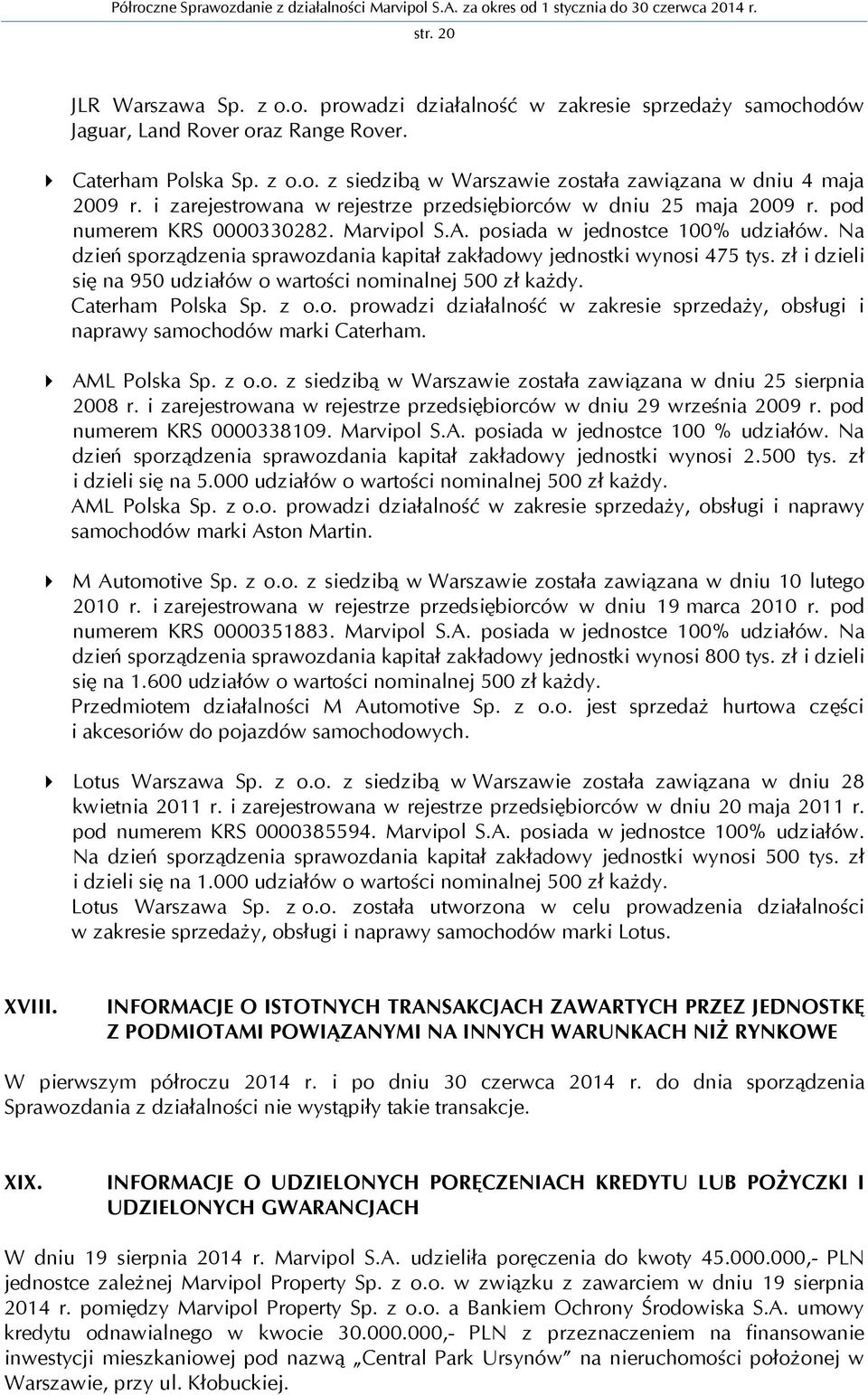 Na dzień sporządzenia sprawozdania kapitał zakładowy jednostki wynosi 475 tys. zł i dzieli się na 950 udziałów o wartości nominalnej 500 zł każdy. Caterham Polska Sp. z o.o. prowadzi działalność w zakresie sprzedaży, obsługi i naprawy samochodów marki Caterham.