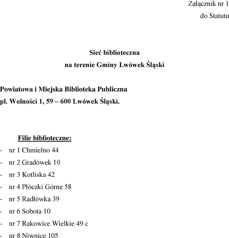 Filie biblioteczne: - nr 1 Chmielno 44 - nr 2 Gradówek 10 - nr 3 Kotliska 42 - nr 4