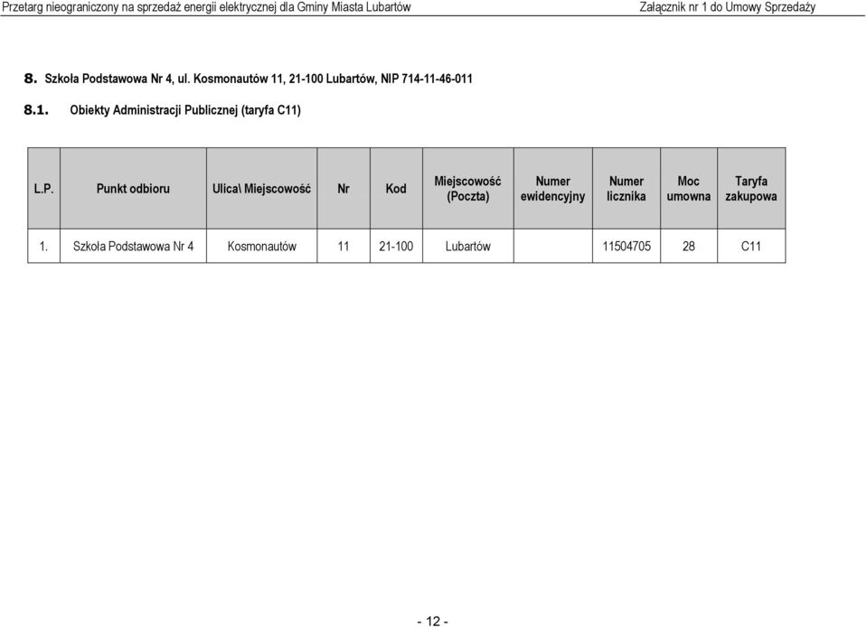 , 21-100 Lubartów, NIP 714-11-46-011 8.1. Obiekty Administracji Publicznej (taryfa C11) L.