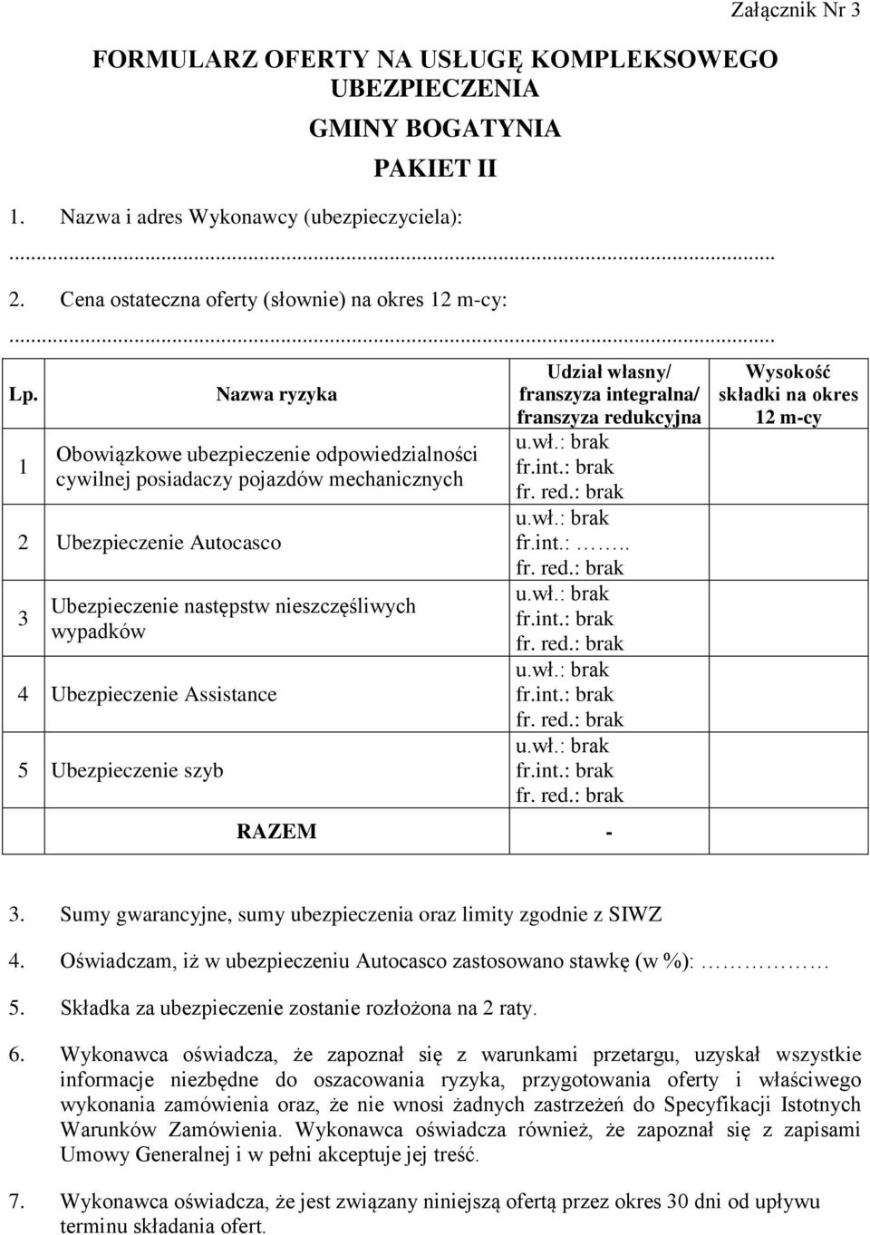 Assistance 5 Ubezpieczenie szyb Udział własny/ franszyza integralna/ franszyza redukcyjna fr.int.:.. RAZEM - Załącznik Nr 3 Wysokość składki na okres 12 m-cy 3.