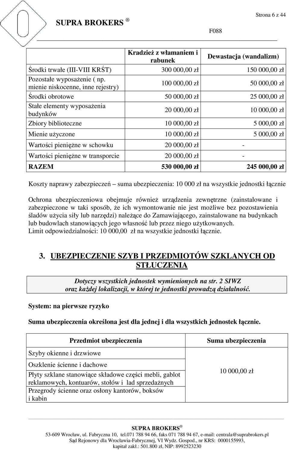 000,00 zł Mienie uŝyczone 10 000,00 zł 5 000,00 zł Wartości pienięŝne w schowku 20 000,00 zł - Wartości pienięŝne w transporcie 20 000,00 zł - RAZEM 530 000,00 zł 245 000,00 zł Koszty naprawy