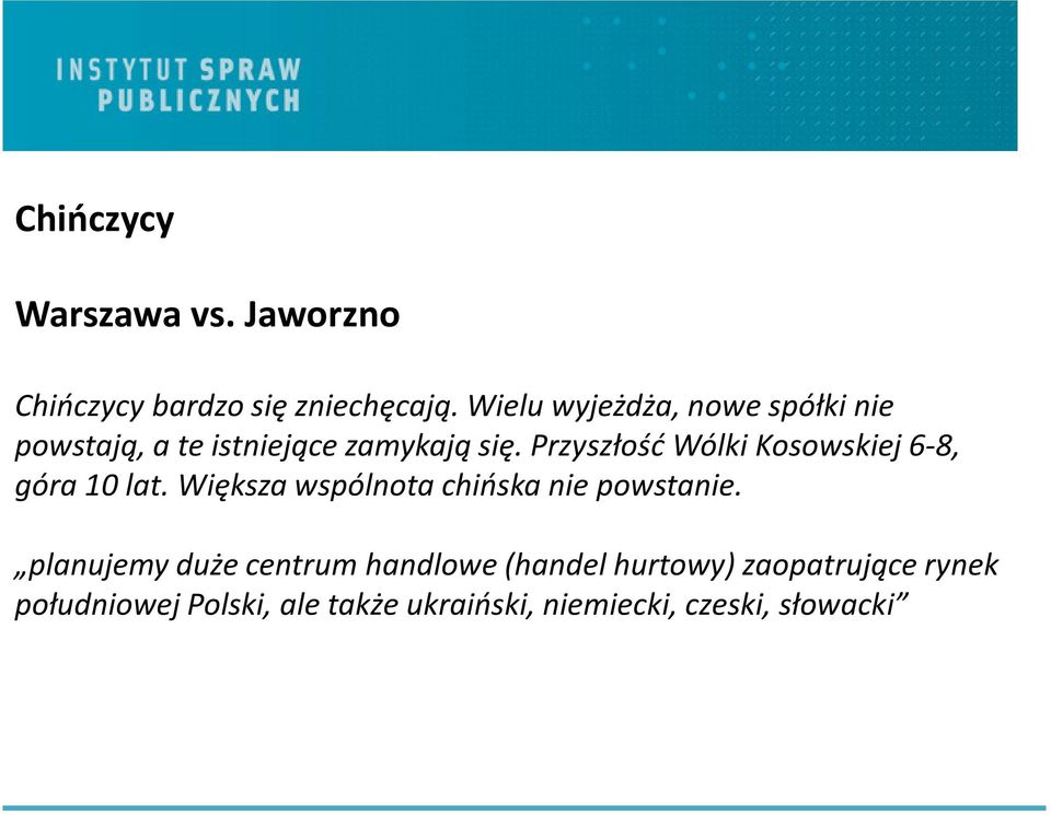 Przyszłość Wólki Kosowskiej 6-8, góra 10 lat. Większa wspólnota chińska nie powstanie.
