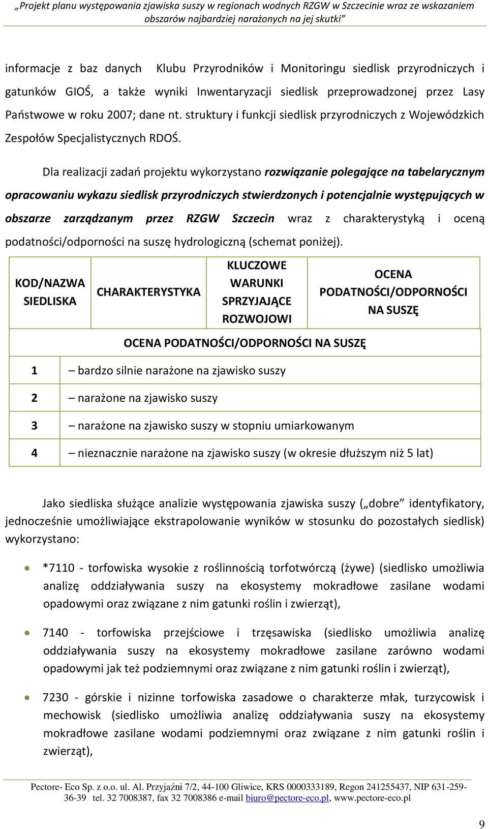 Dla realizacji zadao projektu wykorzystano rozwiązanie polegające na tabelarycznym opracowaniu wykazu siedlisk przyrodniczych stwierdzonych i potencjalnie występujących w obszarze zarządzanym przez