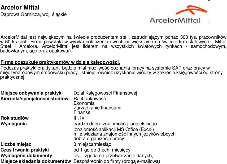 ArcelorMittal jest liderem na wszystkich światowych rynkach - samochodowym, budowlanym, agd oraz opakowań. Firma poszukuje praktykantów w dziale księgowości.
