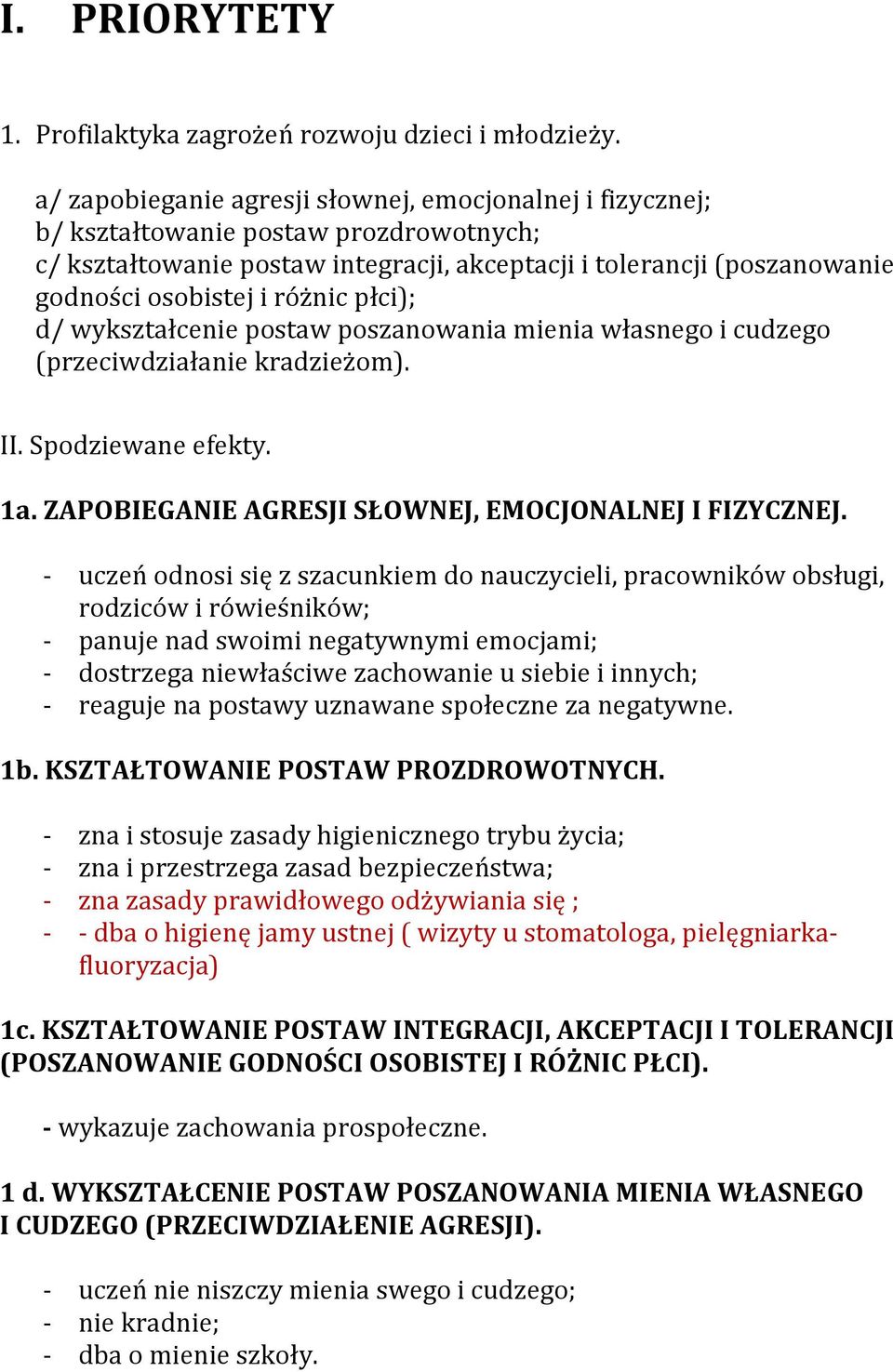 różnic płci); d/ wykształcenie postaw poszanowania mienia własnego i cudzego (przeciwdziałanie kradzieżom). II. Spodziewane efekty. 1a. ZAPOBIEGANIE AGRESJI SŁOWNEJ, EMOCJONALNEJ I FIZYCZNEJ.