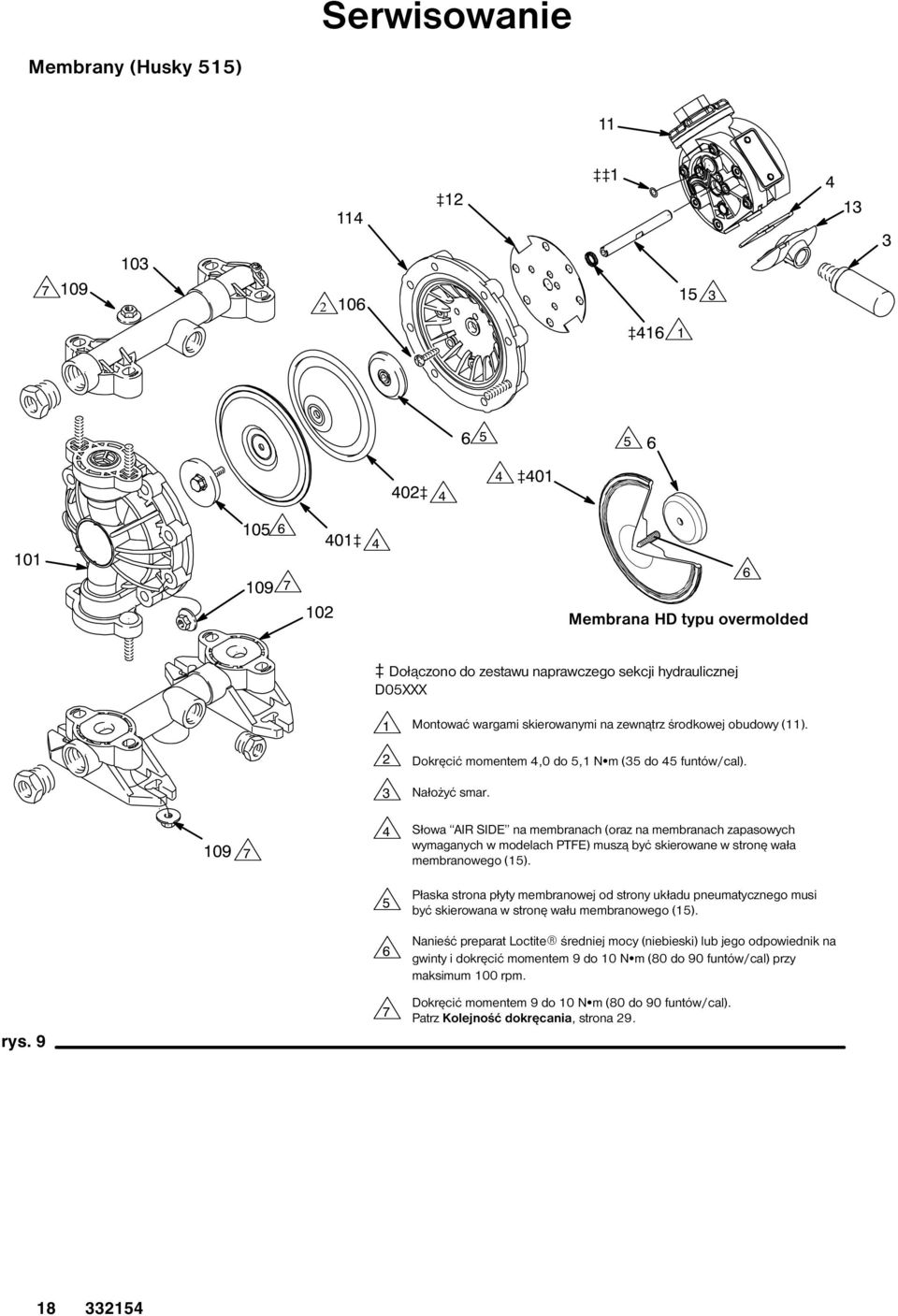 09 7 Słowa AIR SIDE na membranach (oraz na membranach zapasowych wymaganych w modelach PTFE) muszą być skierowane w stronę wała membranowego (5).