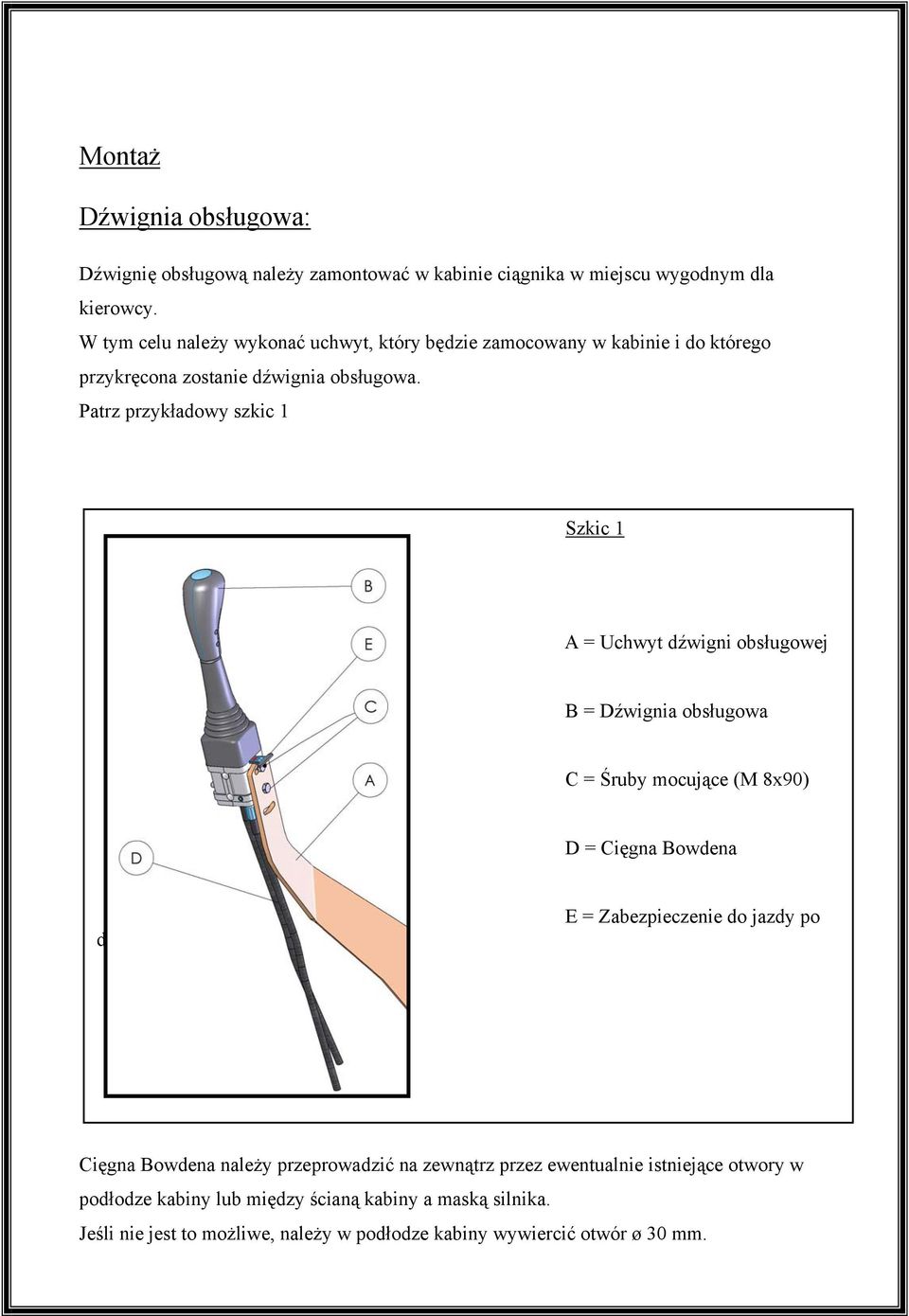 Patrz przykładowy szkic 1 Szkic 1 A = Uchwyt dźwigni obsługowej B = Dźwignia obsługowa C = Śruby mocujące (M 8x90) D = Cięgna Bowdena drogach E =