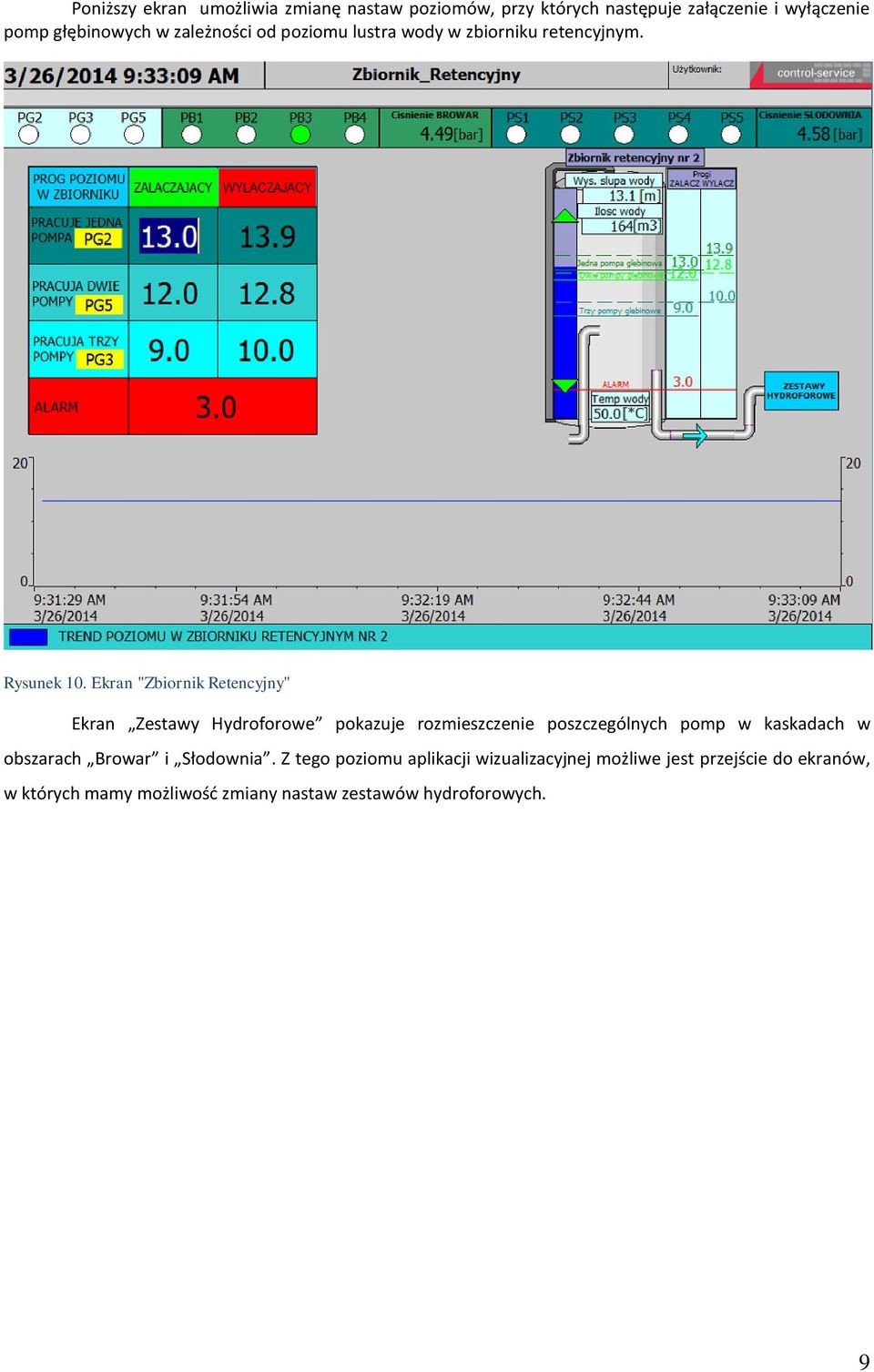 Ekran "Zbiornik Retencyjny" Ekran Zestawy Hydroforowe pokazuje rozmieszczenie poszczególnych pomp w kaskadach w