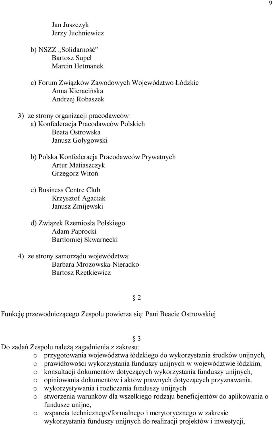Agaciak Janusz Żmijewski d) Związek Rzemiosła Polskiego Adam Paprocki Bartłomiej Skwarnecki 4) ze strony samorządu województwa: Barbara Mrozowska-Nieradko Bartosz Rzętkiewicz Funkcję przewodniczącego