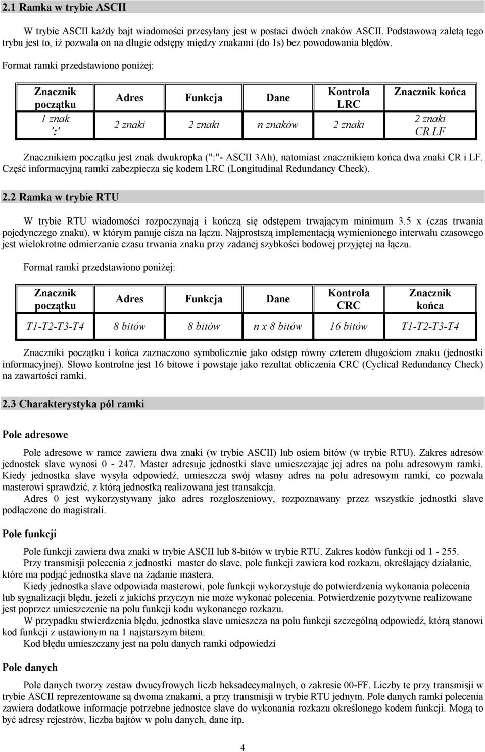 Format ramki przedstawiono poniżej: Znacznik początku 1 znak ':' Adres Funkcja Dane Kontrola LRC 2 znaki 2 znaki n znaków 2 znaki Znacznik końca 2 znaki CR LF Znacznikiem początku jest znak dwukropka