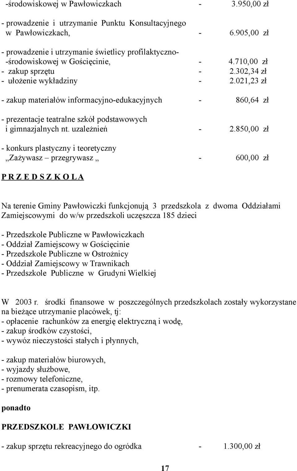 021,23 zł - zakup materiałów informacyjno-edukacyjnych - 860,64 zł - prezentacje teatralne szkół podstawowych i gimnazjalnych nt. uzależnień - 2.