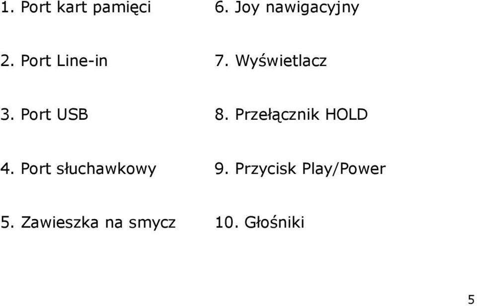 Przełącznik HOLD 4. Port słuchawkowy 9.