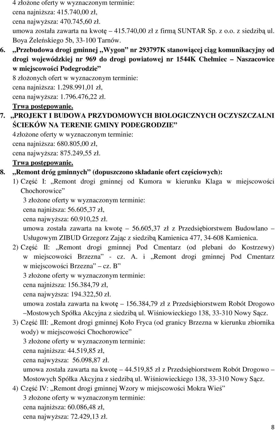 Przebudowa drogi gminnej Wygon nr 293797K stanowiącej ciąg komunikacyjny od drogi wojewódzkiej nr 969 do drogi powiatowej nr 1544K Chełmiec Naszacowice w miejscowości Podegrodzie 8 złożonych ofert w
