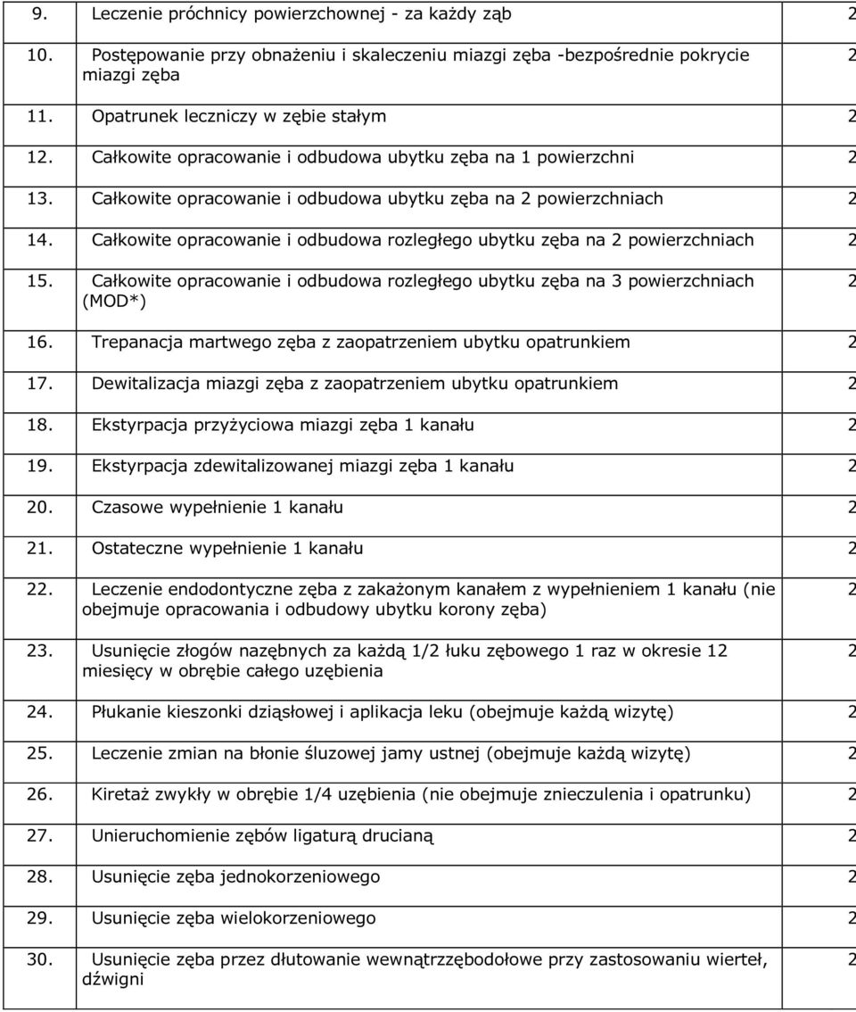 Całkowite opracowanie i odbudowa rozległego ubytku zęba na powierzchniach 15. Całkowite opracowanie i odbudowa rozległego ubytku zęba na 3 powierzchniach (MOD*) 16.