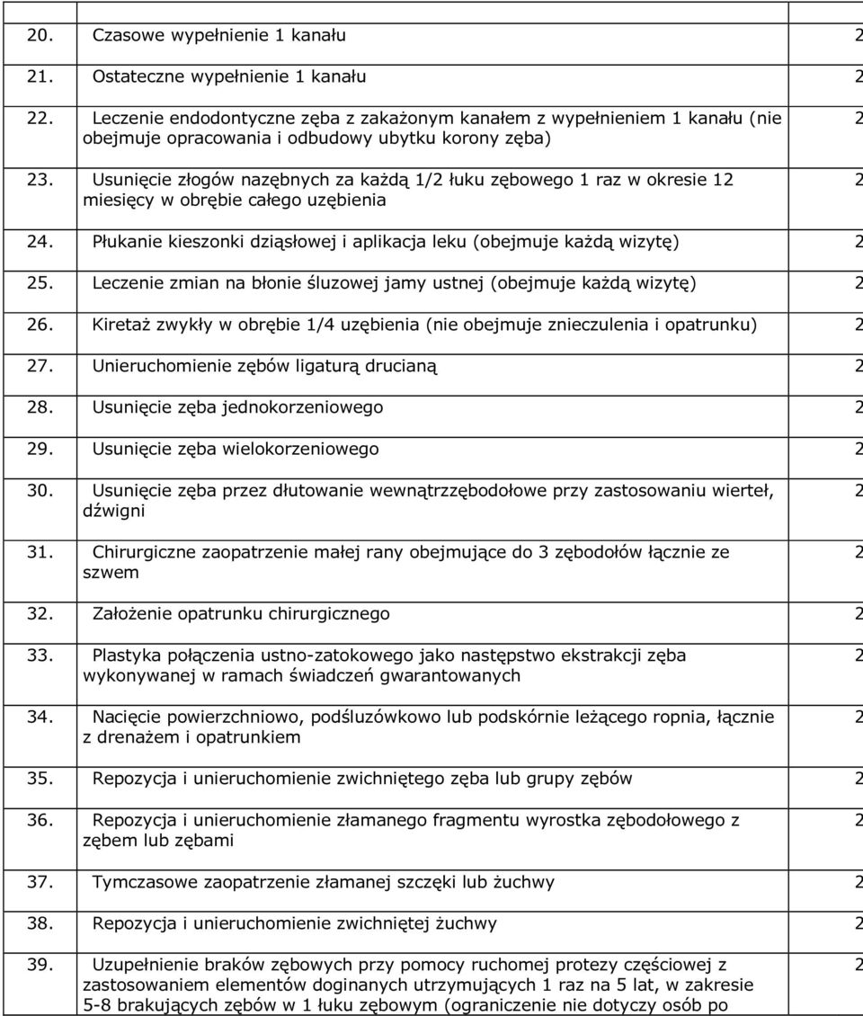 Leczenie zmian na błonie śluzowej jamy ustnej (obejmuje każdą wizytę) 6. Kiretaż zwykły w obrębie 1/4 uzębienia (nie obejmuje znieczulenia i opatrunku) 7. Unieruchomienie zębów ligaturą drucianą 8.