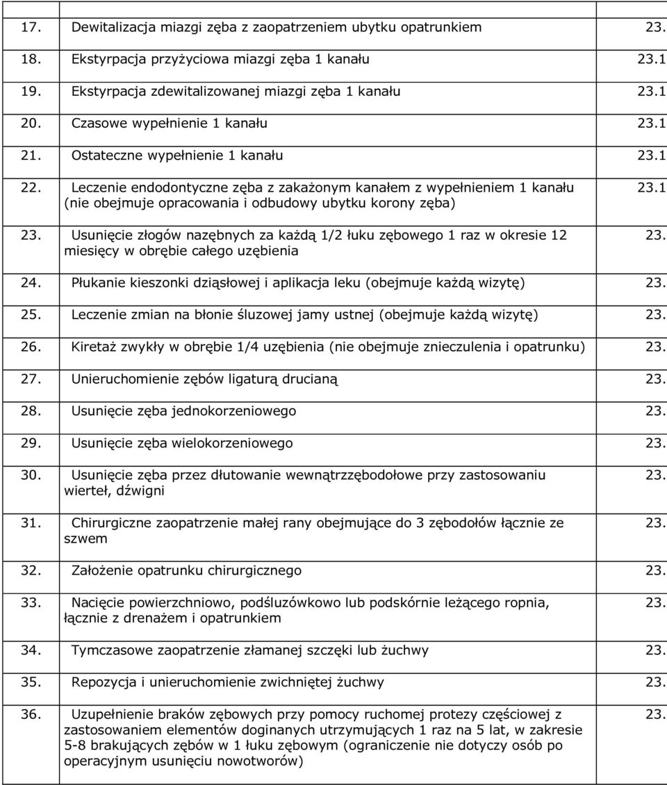 Usunięcie złogów nazębnych za każdą 1/ łuku zębowego 1 raz w okresie 1 miesięcy w obrębie całego uzębienia 3.13 3.1 4. Płukanie kieszonki dziąsłowej i aplikacja leku (obejmuje każdą wizytę) 3.1 5.