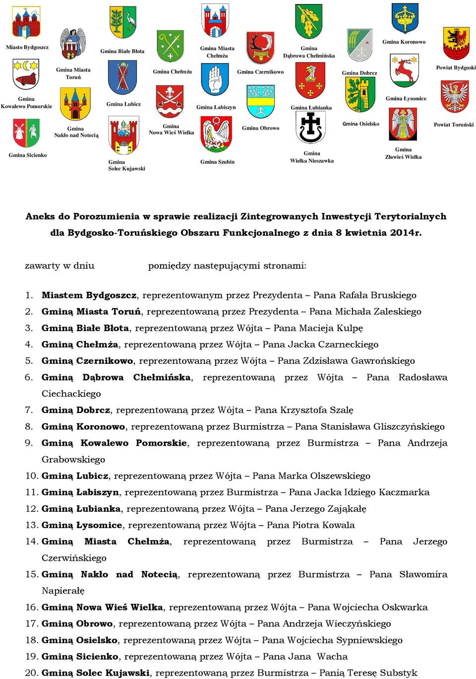 Bydgosko-Toruńskiego Obszaru Funkcjonalnego z dnia 8 kwietnia 2014r. zawarty w dniu pomiędzy następującymi stronami: 1. Miastem Bydgoszcz, reprezentowanym przez Prezydenta Pana Rafała Bruskiego 2.