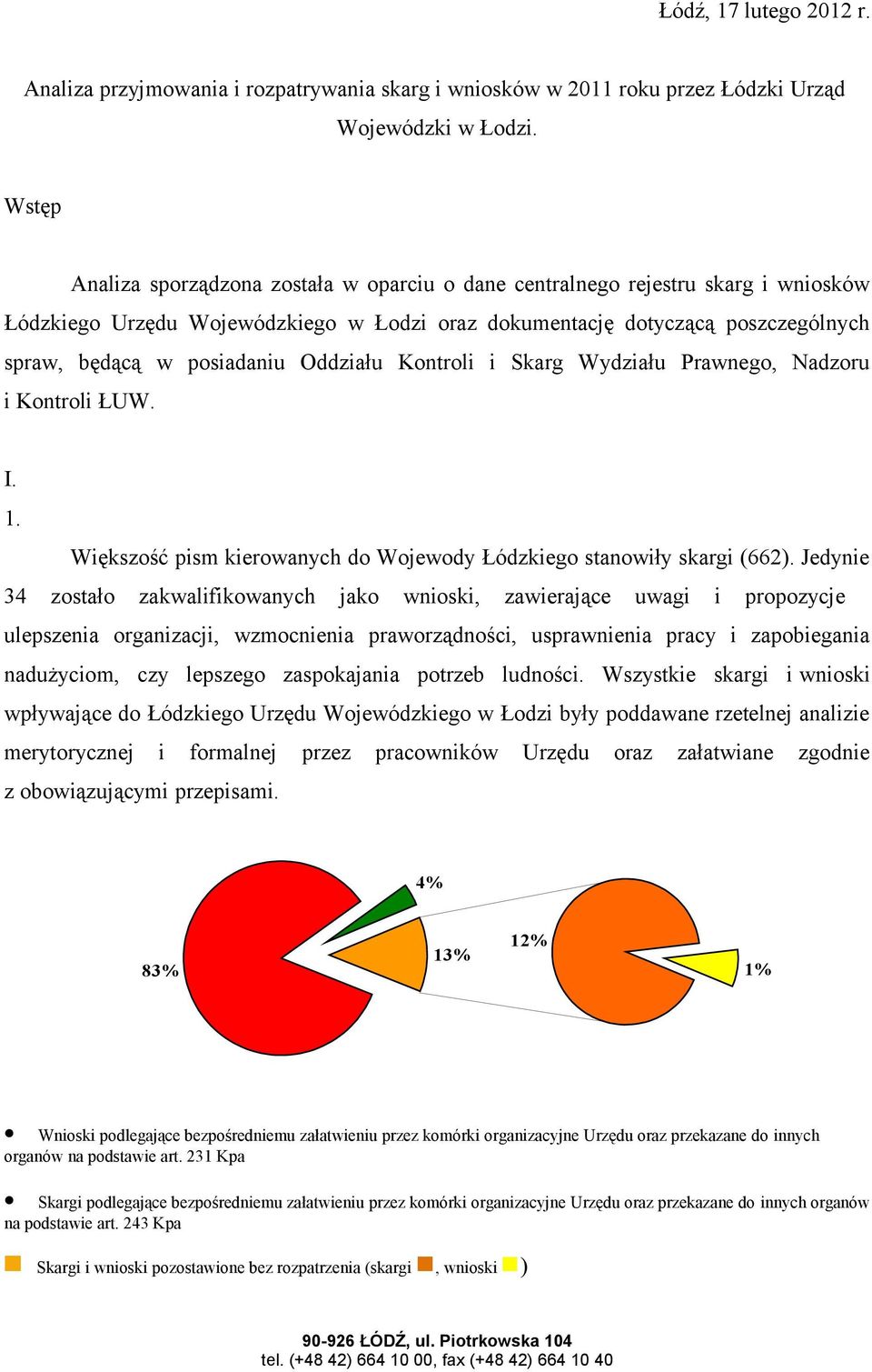 Oddziału Kontroli i Skarg Wydziału Prawnego, Nadzoru i Kontroli ŁUW. I. 1. Większość pism kierowanych do Wojewody Łódzkiego stanowiły skargi (662).