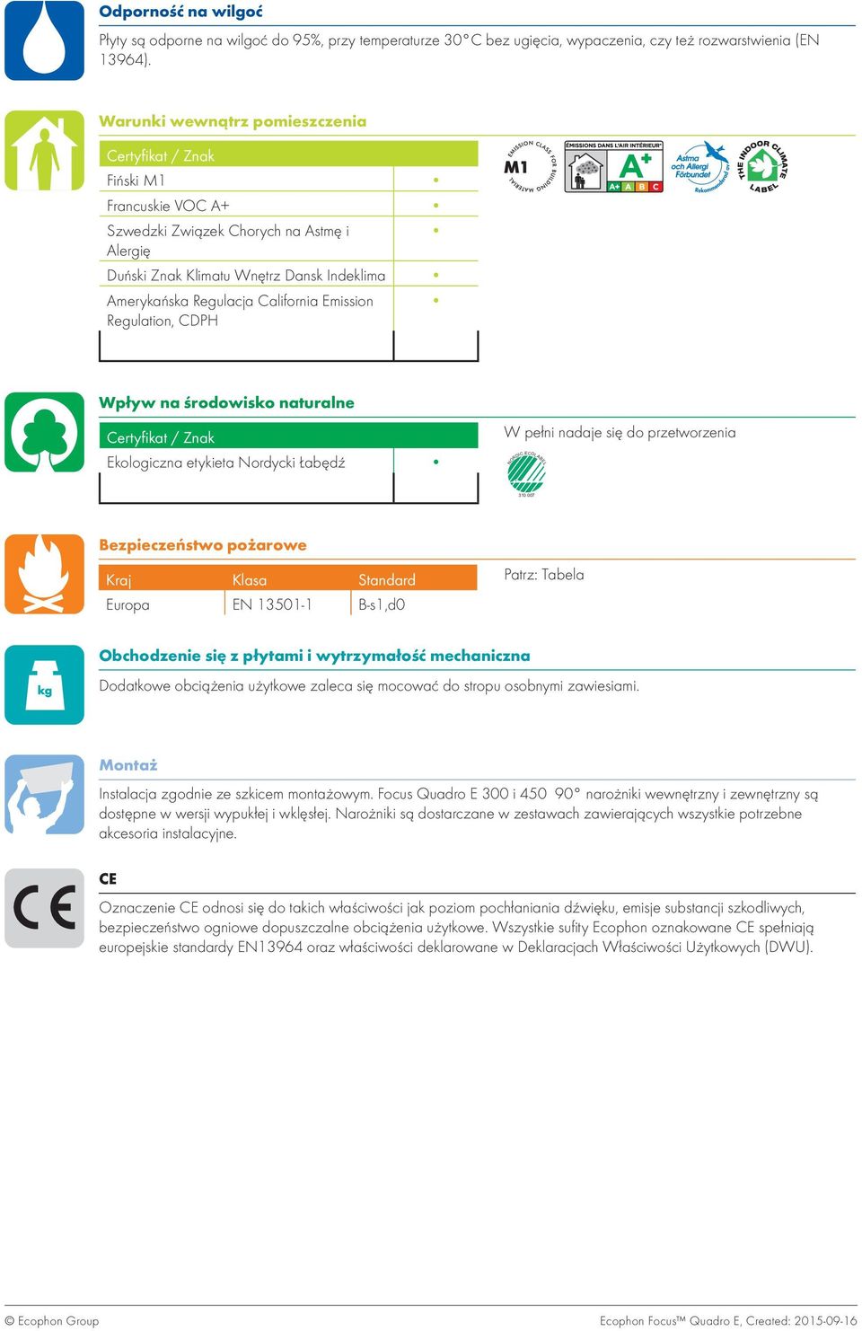 Emission Regulation, CDPH Wpływ na środowisko naturalne Certyfikat / Znak Ekologiczna etykieta Nordycki Łabędź W pełni nadaje się do przetworzenia NORDIC ECOLABEL 0 00 Bezpieczeństwo pożarowe Kraj